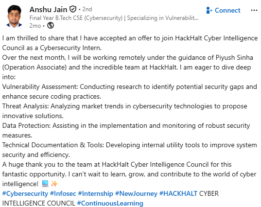 Cybersecurity Intern Feedback Testimonial